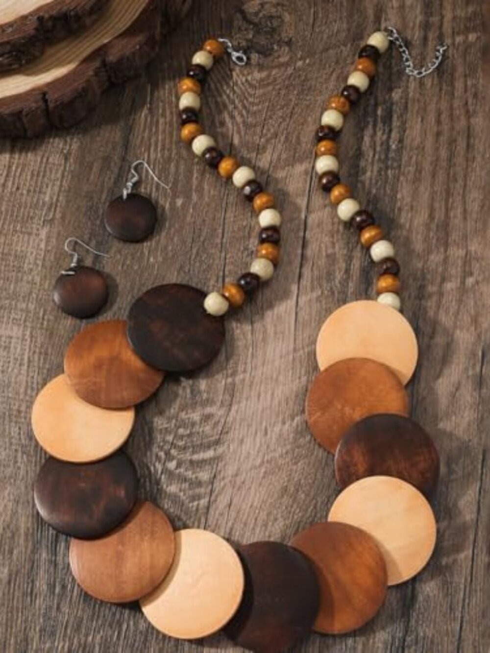 Vintage Wooden Round Beaded Choker Necklace Earrings Setโ Bohemian Multicolor